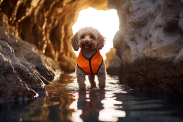 Environmental portrait photography of a happy poodle chasing tail wearing a reflective vest against a spectacular sea cave background. With generative AI technology
