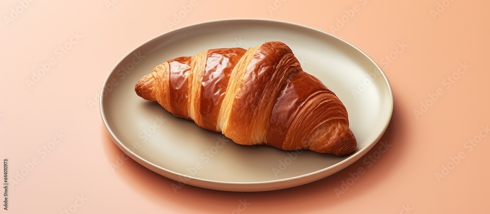 Poster a fragrant croissant filled with chocolate on a clay plate closeup on isolated pastel background cop