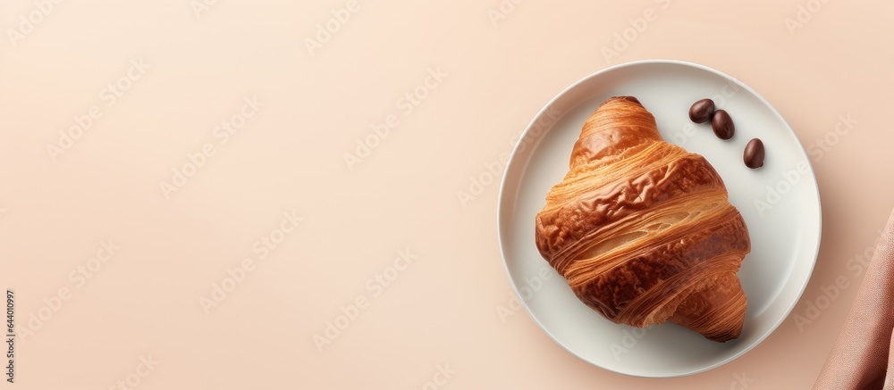 Poster a fragrant croissant filled with chocolate on a clay plate closeup on isolated pastel background cop