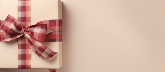 Close up of two checkered gift boxes with a red violet ribbon and bow isolated on a isolated pastel background Copy space