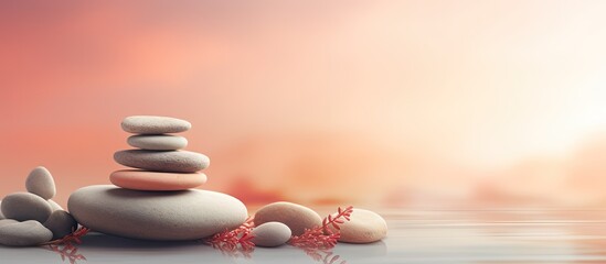 Balance Stones stacked into a green pyramid background for Spa ideas on rocks isolated pastel background Copy space