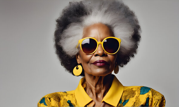 Portrait of african american black woman with afro hair style white hair aged lady former model from the past posing for fashion style photo in fashion studio