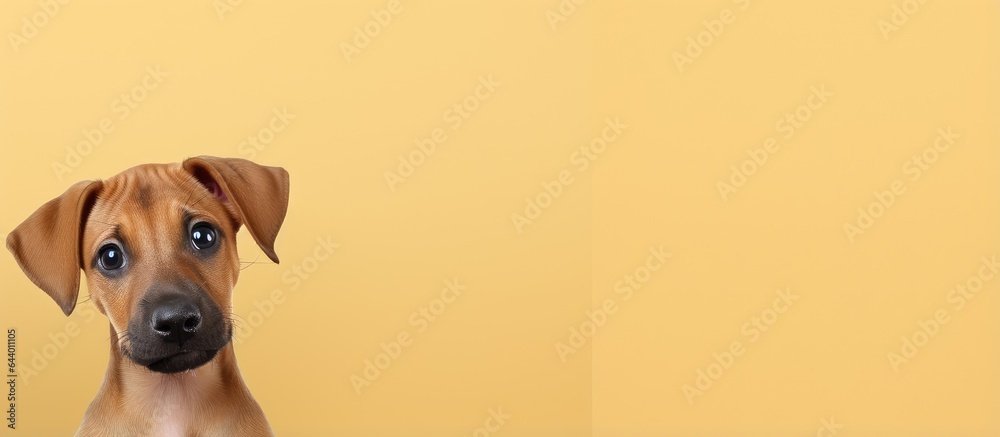 Poster close up studio portrait of a dog isolated on a isolated pastel background copy space looking direct