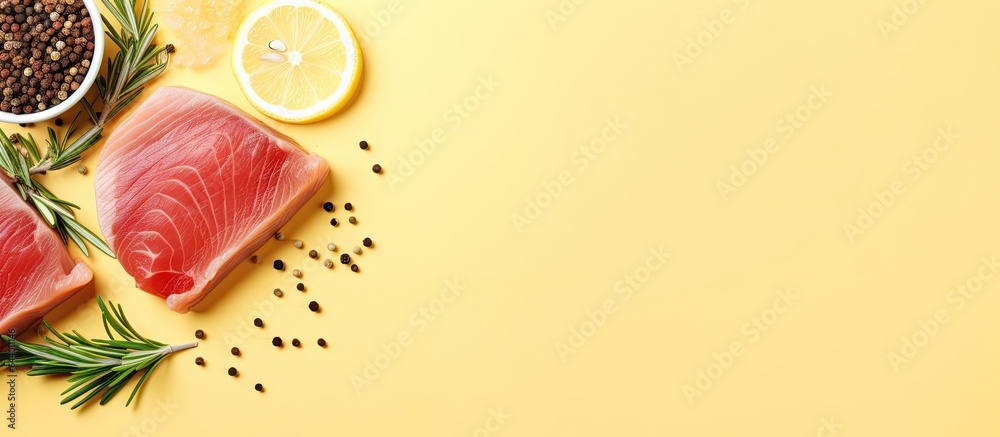 Poster fresh tuna fillet steak with rosemary lemon and peppercorns on a isolated pastel background copy spa