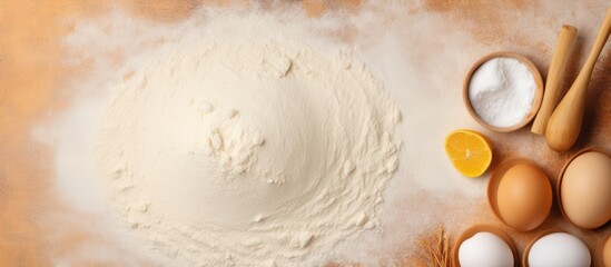 Baking preparations with eggs and a wooden spoon on a flour background making homemade food by kneading dough isolated pastel background Copy space