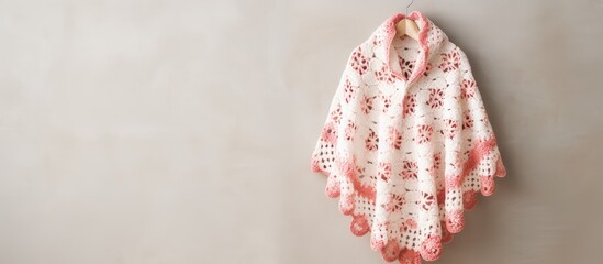 Handcrafted red and white poncho with a beautiful granny square design isolated pastel background Copy space