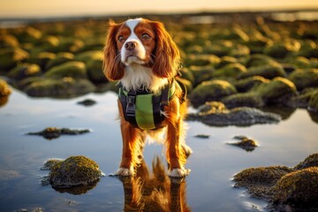 Environmental portrait photography of a cute cavalier king charles spaniel dog mounting wearing a training vest against a peaceful tide pool background. With generative AI technology