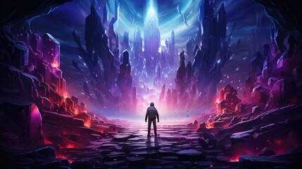 Man standing in surreal space. Fantasy landscape