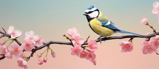 Blue Tit perched on a blossoming branch Cyanistes caeruleus seen from the side on isolated pastel background Copy space - obrazy, fototapety, plakaty