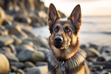 Close-up portrait photography of a cute german shepherd guarding wearing a light-up collar against a rocky shoreline background. With generative AI technology - obrazy, fototapety, plakaty