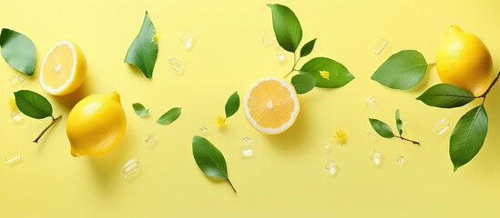 An artistic arrangement featuring lemons and green leaves floating in space High quality picture isolated pastel background Copy space