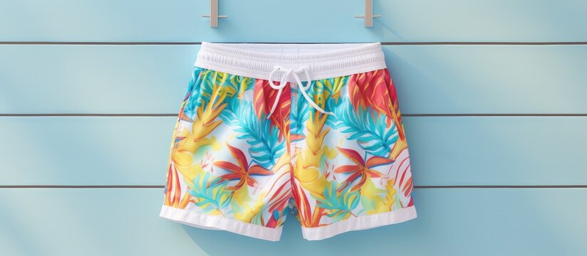 Boy in swimming trunks being isolated in isolated pastel background Copy space