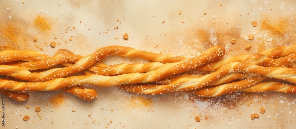 Poster closeup selective focus on table with salted breadsticks and pretzels isolated pastel background cop