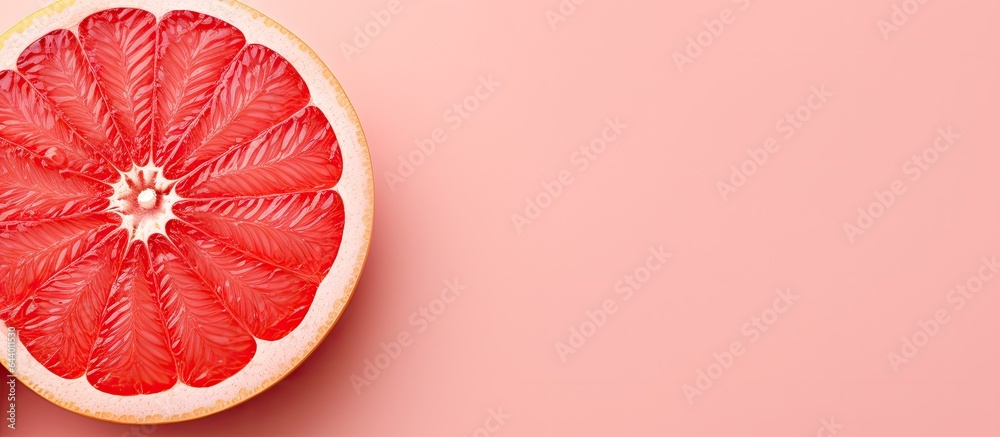 Poster close up of a sliced grapefruit on a isolated pastel background copy space