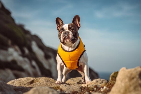 Medium shot portrait photography of a funny french bulldog fetching ball wearing a reflective vest against a dramatic coastal cliff background. With generative AI technology