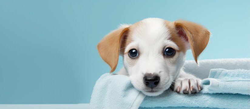 Cute puppy with blue towel on head photographed in studio on isolated pastel background Copy space