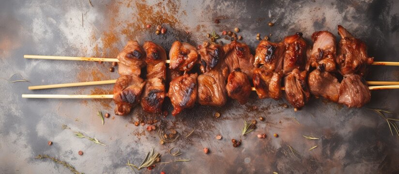 Close up of Abruzzesi arrosticini being prepared isolated pastel background Copy space