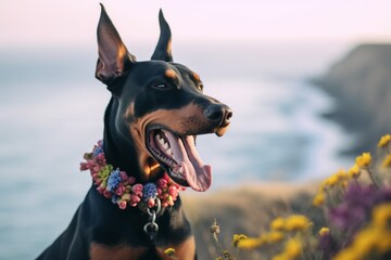 Medium shot portrait photography of a happy doberman pinscher sticking out tongue wearing a floral collar against a calm bay background. With generative AI technology
