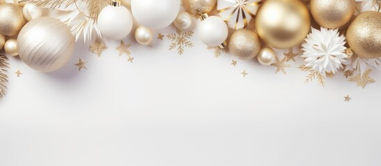 Fototapeta na wymiar Gold and white Christmas decorations and frame mock up with New Years Christmas balls Winter holiday concept Flat lay with copy space isolated pastel background Copy space