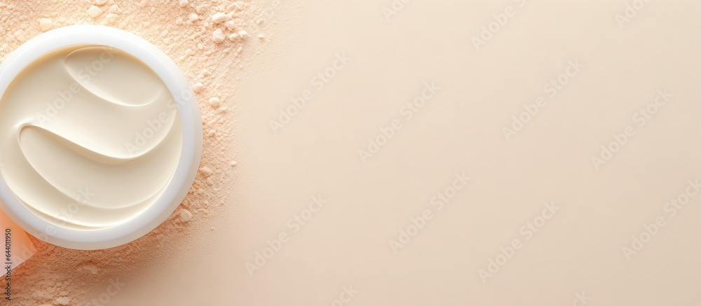 Poster cosmetic and sunscreen products displayed on a beauty themed background emphasizing cleanliness isol