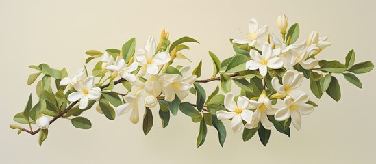 Jasminum sambac a shrub plant of the Oleaceae family is native to tropical Asia isolated pastel background Copy space - obrazy, fototapety, plakaty