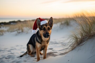Medium shot portrait photography of a curious german shepherd yelping wearing a christmas hat against a serene dune landscape background. With generative AI technology