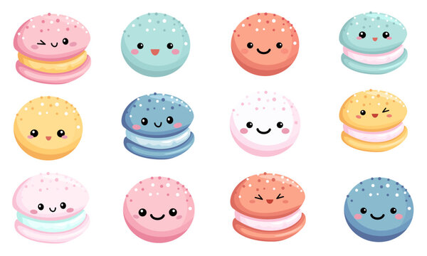 Vector Tasty Set. Cute macaroni cakes with funny faces. . Vector illustration