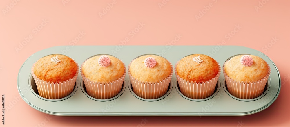 Poster a baking tray with uncooked cupcake batter on a isolated pastel background copy space