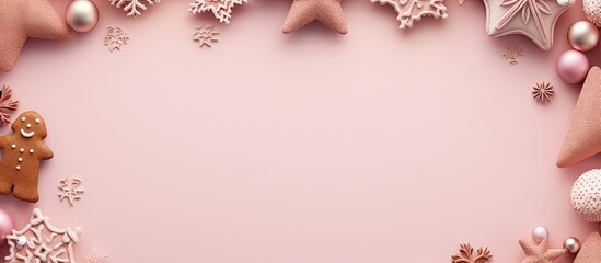 Gingerbread star in the center of a Christmas themed pink and isolated pastel background Copy space with trees space for text