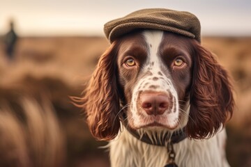 Close-up portrait photography of a happy english springer spaniel mounting wearing a cool cap against a serene dune landscape background. With generative AI technology