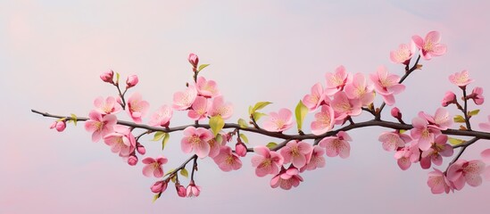 Obraz na płótnie Canvas Crabapple trees blooming branches and twigs with pink buds and flowers adding joy and beauty to spring isolated pastel background Copy space
