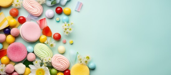 Fototapeta na wymiar Colorful candies against isolated pastel background Copy space