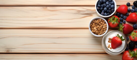 Granola yogurt and berries in jars with wood spoon isolated pastel background Copy space wood table top view