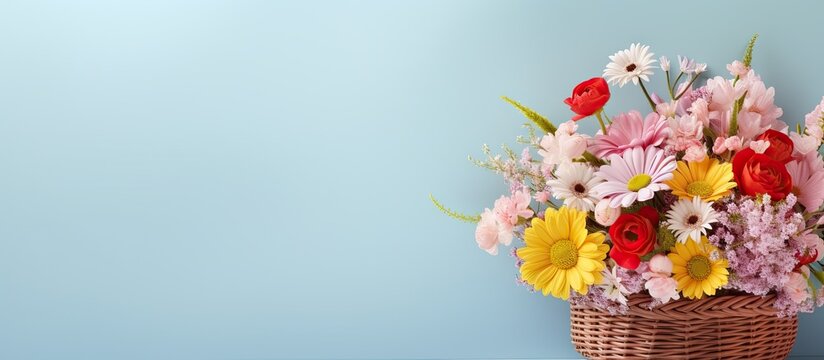Bouquet basket greeting card isolated on a isolated pastel background Copy space