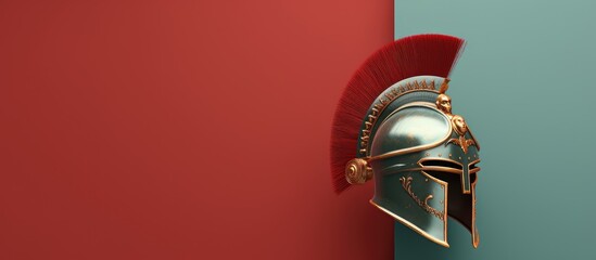 Black Roman helmet with red crest viewed from the front isolated pastel background Copy space
