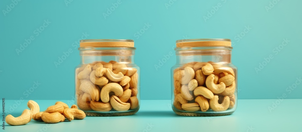 Wall mural Fried cashews in glass jars with top view on a isolated pastel background Copy space