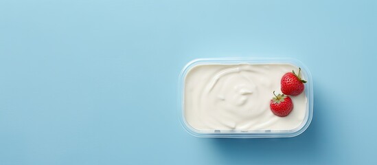 Blue plastic box containing fruit yogurt isolated pastel background Copy space
