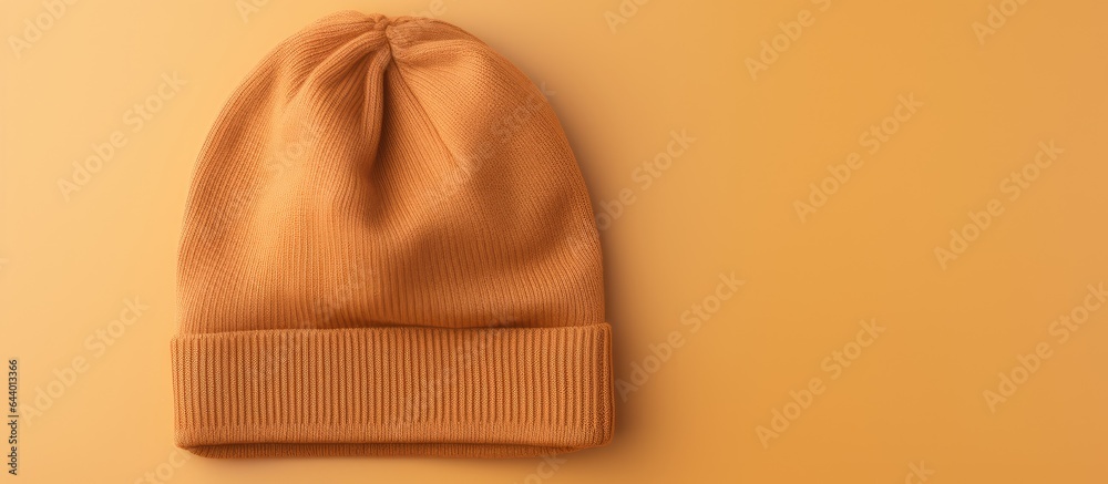Poster kids wearing knitted cap in a photo visible shadow caramel shade isolated pastel background copy spa