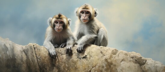 A pair of primates perched on a stone isolated pastel background Copy space