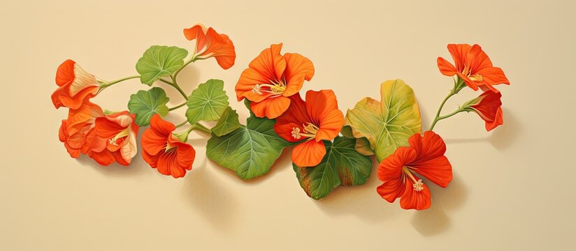 Isolated set of Nasturtium Dwarf Jewel Capuchina on a isolated pastel background Copy space