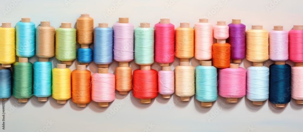 Poster assorted spools of vibrant thread isolated pastel background copy space