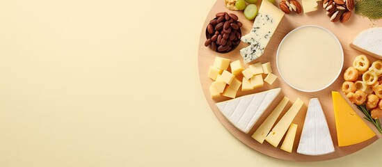 Delicate cheeses on dark plate isolated pastel background Copy space
