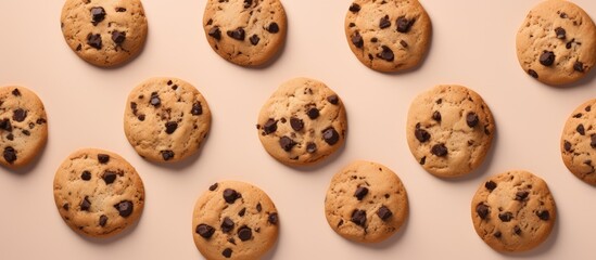 Chocolate chip cookies with isolated pastel background Copy space
