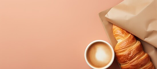 Croissant in paper with coffee Breakfast or snack isolated pastel background Copy space