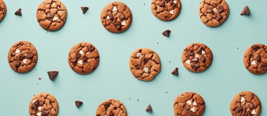 Almond chocolate cookies on a isolated pastel background Copy space