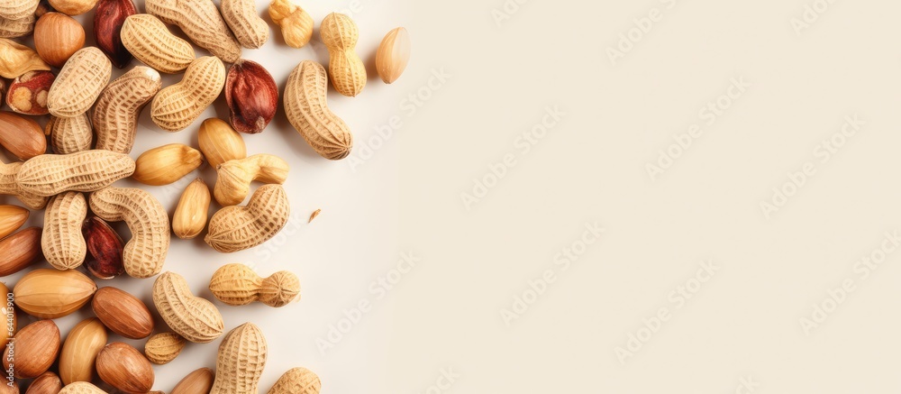 Poster Funny text created from peanuts isolated on a isolated pastel background Copy space captured from above
