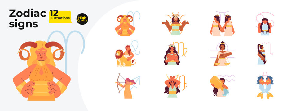 Zodiac signs flat concept vector spot illustrations bundle. Woman horoscope symbols 2D cartoon characters on white for web UI design. Astrology isolated editable creative hero images collection