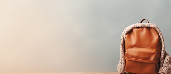 Black backpack paired with a brown knitted sweater viewed from behind against a isolated pastel background Copy space