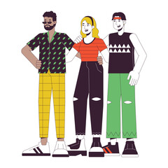 Friendship flat line color vector characters. Happy multinational people. Hugging and support. Editable outline full body person on white. Simple cartoon spot illustration for web graphic design