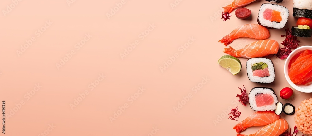 Poster Different types of sushi and sashimi against a isolated pastel background Copy space